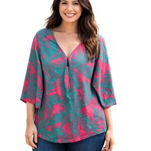 Belle by Kim Gravel Zip Top Womens Size 1X TripleLuxe Knit Pink Green Tropical